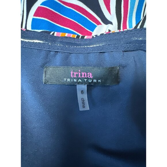 Trina Turk Abstract Print Sleeveless Dress W/ Ruffle Hem & Cutout Neckline Sz 6 - Picture 6 of 9